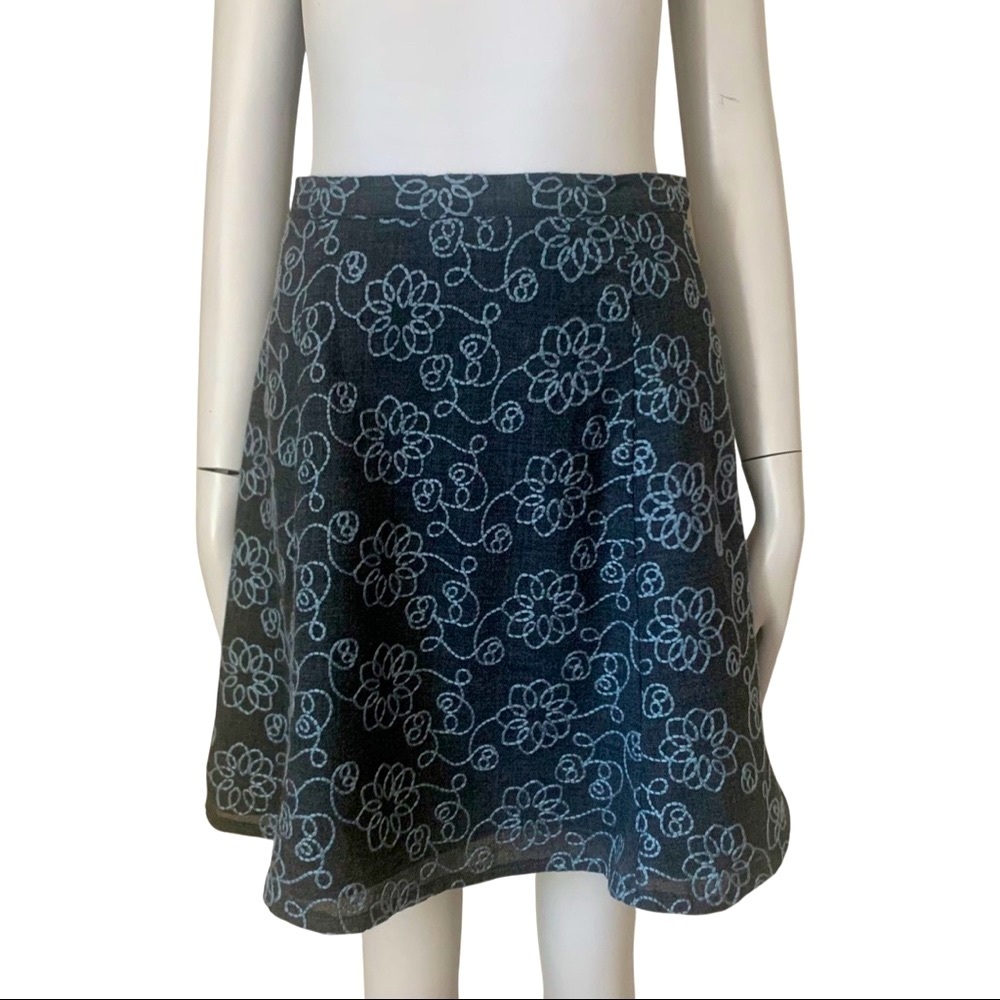 TOCCA Embroidered A-Line Skirt Cotton Blend Gray Blue Floral Size 2